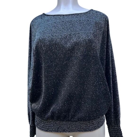 Joanna Sweater Blouse Women's Large Black Sparkly Mylar Blend Smocked Hem - Picture 13 of 16